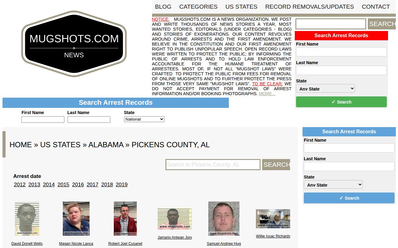 Unofficial Mugshots.com Pickens County historical section
