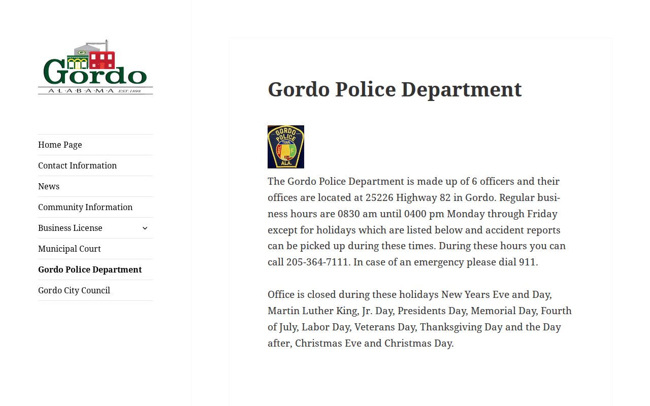 Captured official Gordo Police Department contact and office-hours page