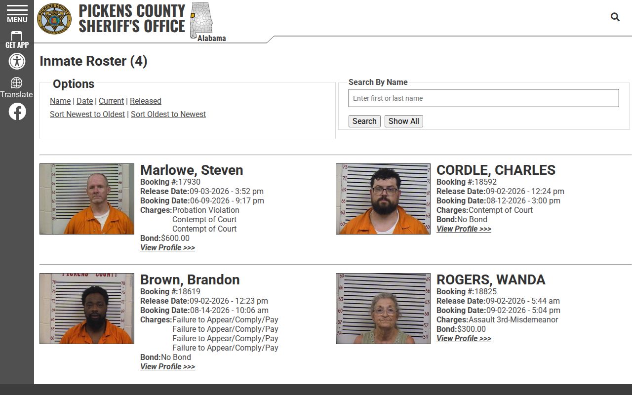 Pickens County Sheriff's Office 48 Hour Release roster interface